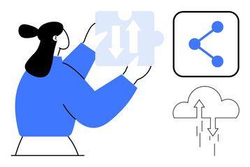 Woman holding puzzle piece with bidirectional arrows, cloud upload icon, and network sharing symbol. Ideal for teamwork, collaboration, cloud computing, data sharing, connectivity, system