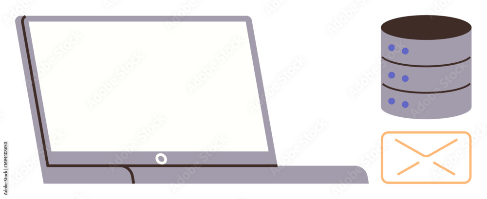 Poster laptop adjacent to database stack and email envelope, conveying data management and communication. i