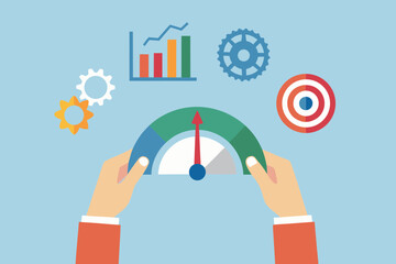 Hands holding a performance meter with business growth chart gears and target icons representing success and efficiency