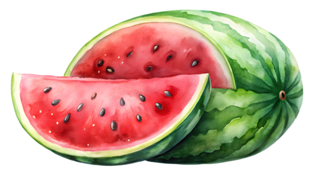 Watercolor Illustration of Watermelon Slices and Whole Fruit on Black Background - Powered by Adobe
