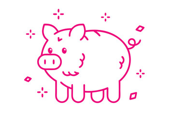 Pink pig line art illustration surrounded by sparkling shapes against a simple white backdrop