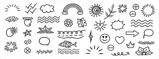 Simple sketch line style elements. Doodle cute ink pen line elements isolated on white background. Doodle arrow, heart, star, speech bubble, cloud, decoration symbol, icon set.     