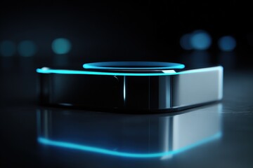 Close-up of a minimalist smart home device with a holographic interface floating in a dark space, accented with subtle blue LEDs and a cyberpunk aesthetic, showcasing surreal future technology