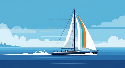 Yacht Sailing Coastal Waterscape.