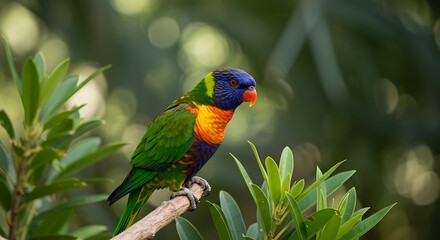 A vibrant rainbow lorikeet perched on a branch amidst lush green foliage