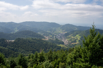 View from Karlsruher Grat into the valley with forest and village