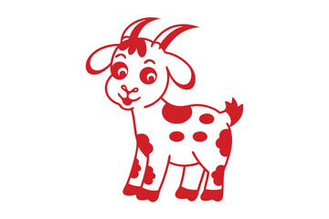 Playful cartoon goat with red spots smiles cheerfully, looking towards the left side