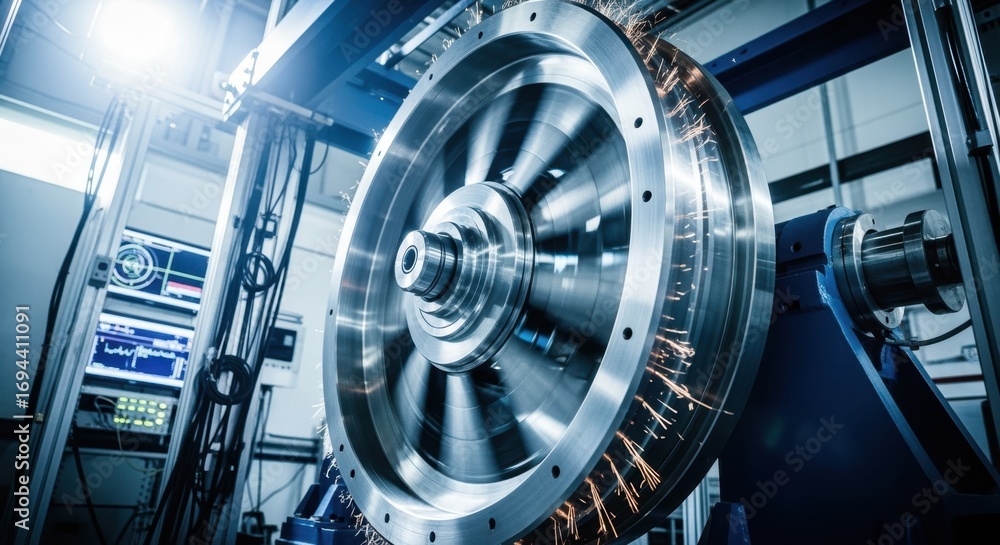 Aufkleber dynamic shot of a flywheel energy storage device rotating at high rpm during performance testing in 