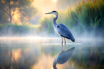 Naklejka premium Great Blue Heron in Misty Waters Serene Wildlife Reflection Scene