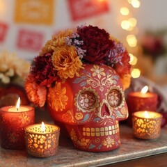 Fototapeta premium Photorealistic altar detail showing a hand-painted sugar skull framed by marigold flowers and candles. Traditional Day of the Dead offering in warm tones, clean background