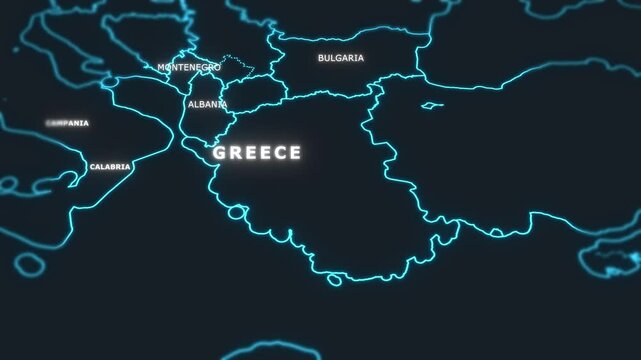 3D world digital glowing map animation of Greece.
