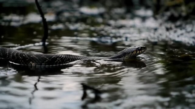 snake slithering on poisonous swamp water,