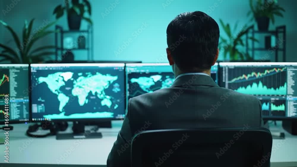 Poster back view of analyst in gray suit analyzing data on multiple teal monitors