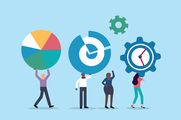 Diverse team collaborating on data analysis and project management with charts and gears