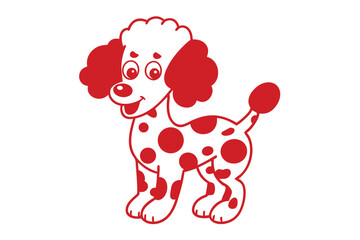 Playful cartoon poodle with red spots poses cheerfully against a white backdrop
