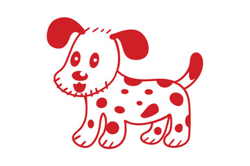 Playful cartoon spotted dog in red and white stands happily, outlined and simple