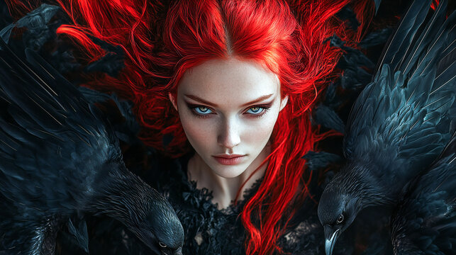 Dark Phoenix Woman With Red Hair Among Raven Birds, Beautiful Ginger Hair Witch, Abstract Mystic Dark Background, Queen OF Hell, Wife Of Lucifer, Lilith or Lilit Archetype