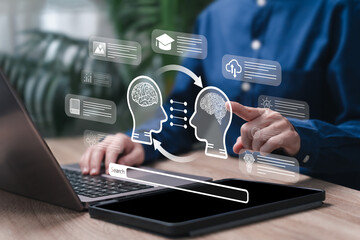 AI Human Collaboration Concept, Businesswoman Training Artificial Intelligence Education, Creative Imagination, Knowledge Exchange, Digital Transformation, Data Sharing, Future Technology Development