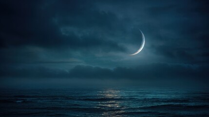 Serene Night Sky with Crescent Moon Over Tranquil Ocean Waves