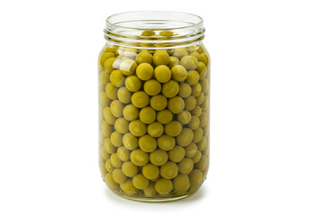 Freshly canned green peas in a glass jar ready for cooking or adding to a healthy meal
