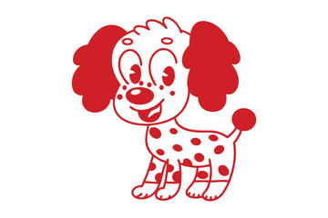 Playful puppy cartoon character with spots and fluffy ears smiles joyfully against a white backdrop