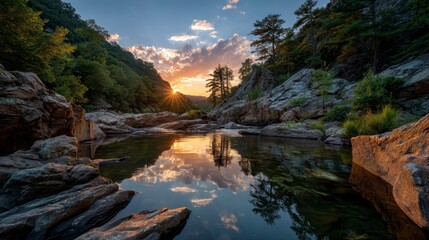 Sunset over rocky river canyon,