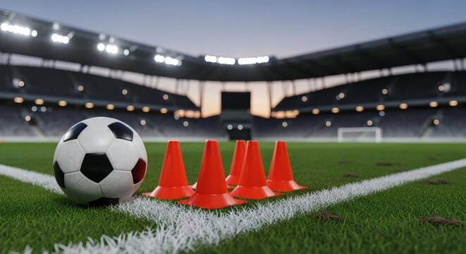 A soccer ball rests on the green grass of a stadium field next to a line of orange training cones, ready for practice.