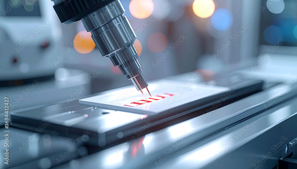 Poster robotic precision in automation: an automated robotic arm meticulously prints a circuit board, showc
