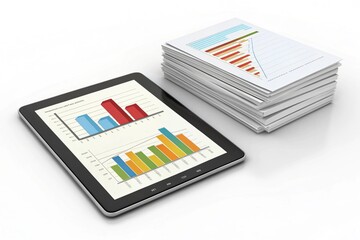 Bar graph tablet and report paper data insights chart