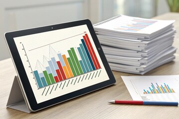 Bar graph tablet and report paper analysis trends visualization