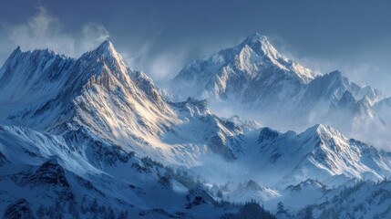 Fototapeta premium Snow-Covered Mountains Bathed Light Peaks Partly Cloudy Sky Natural Light