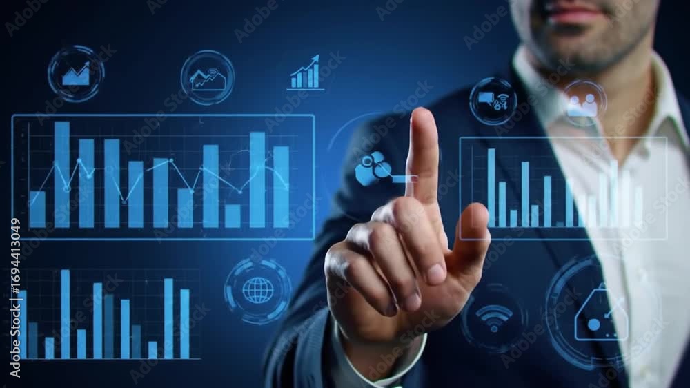 Poster man in suit interacting with digital business analytics interface on dark blue background