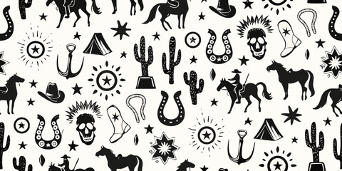 Whimsical western pattern featuring cowboys horses cacti skulls and stars on white background