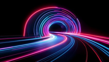 A dynamic and vibrant background featuring neon lights in pink, blue, and purple hues,