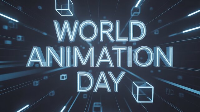 World animation day greeting card with neon text and abstract cube shape background