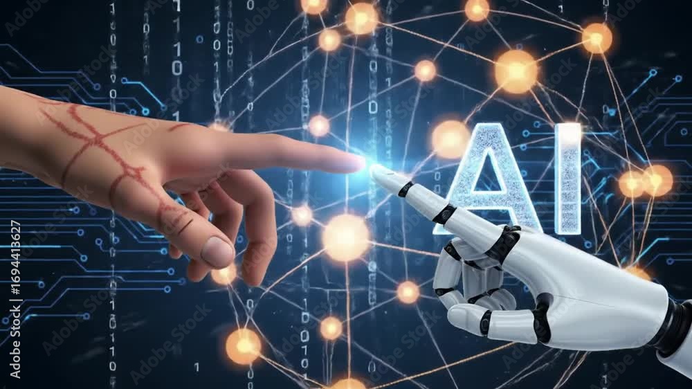 Aufkleber human finger touches robotic finger with ai on abstract binary background