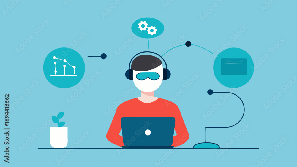 Poster data syncing a person sitting at a desk connecting their eeg headset to a laptop via bluetooth with 