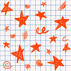 Hand drawn doodle red stars and hearts seamless pattern on notebook grid background