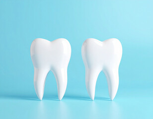 Two white tooth models standing upright on a blue background, symbolizing dental health and oral care.