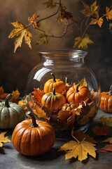Glass vase with pumpkins and autumn leaves. Autumn decor. Halloween.