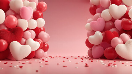 Plush Heart Pillows and Balloons with Confetti on Pink Pastel Floor