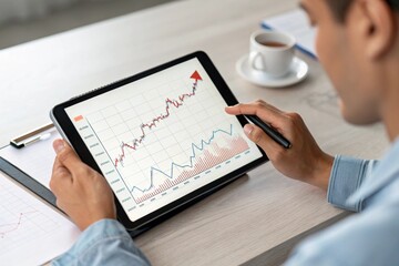 person tracking a line graph on computer tablet screen