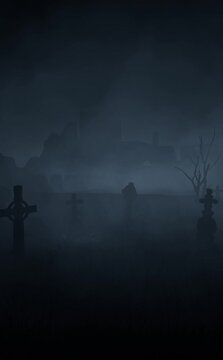 Old abandoned cemetery with tombstones sticking out in all directions, near ancient ruins. Halloween. 3D render