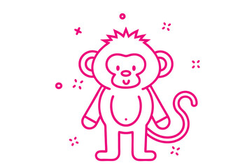 Quirky pink monkey outlined stands joyfully amidst scattered geometric shapes on a white background