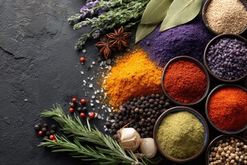 Colorful spices and herbs on dark background