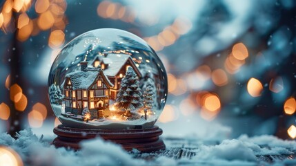 Fototapeta premium Snow globe with a cozy winter village scene and festive lights