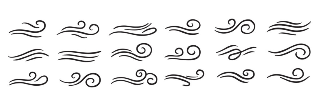 Wind blow line icon. Wind line doodle set. Blue hand drawn wind swirls and gusts. Wind motion lines. Flowing waves. Airflow wind swirl icons. Blue breeze symbol vector set.