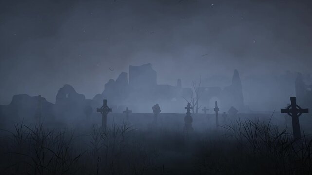 Old abandoned cemetery with tombstones sticking out in all directions, near ancient ruins. Halloween. 3D render