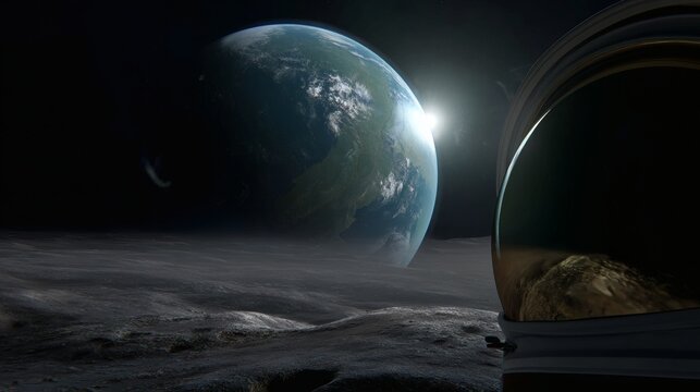Moonlit Earthrise: Vibrant Blue Oceans and Emerald Continents, Atmospheric Glow, Astronaut's Helmet Reflection, Epic Lunar Landscape