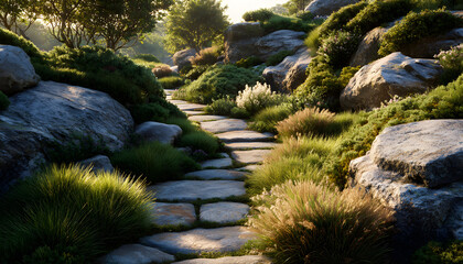 Grey boulder rock garden landscape design features sone pathway lined with gren bushes, ornamental grasss. Natural stone elements reate serene outdoor space perfect for tranquil gardn planning,